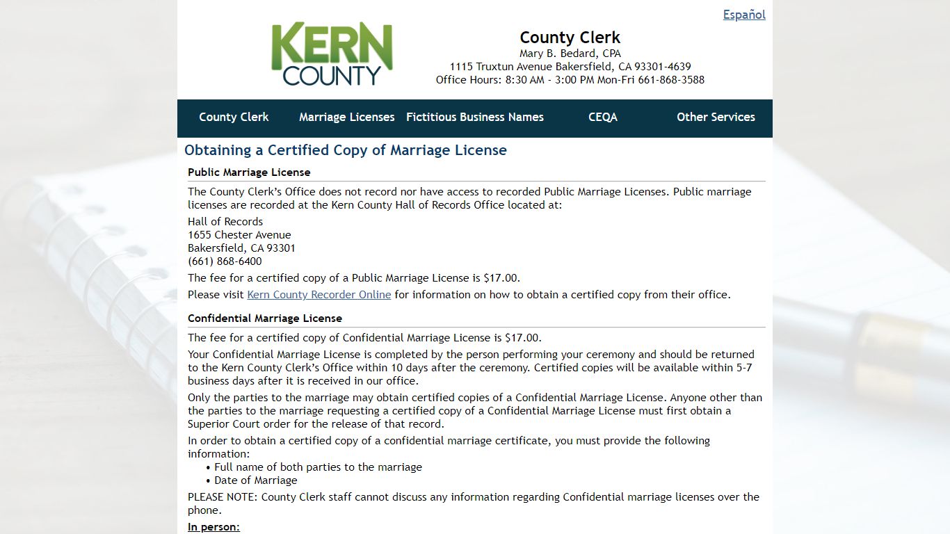 Kern County Clerk ♦ Marriage License